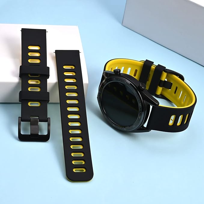 WOCCI 20mm Bicolor Watch Band, Silicone Rubber, Quick Release Replacement Strap for Men and Women, Black Stainless Steel Buckle (Black-Yellow)