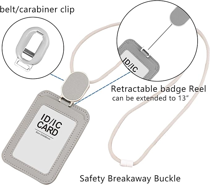 Larpur Retractable Badge Holder, PU Leather Work ID Card Holder Case for School Office, Horizontal/Vertical Key Card Credit Card Holders with Badge Reel Lanyard (Gray)