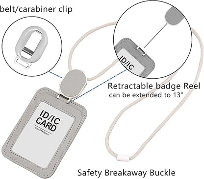 Larpur Retractable Badge Holder, PU Leather Work ID Card Holder Case for School Office, Horizontal/Vertical Key Card Credit Card Holders with Badge Reel Lanyard (Gray)