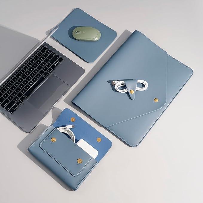PU Leather Laptop Sleeve 16 Inch Compatible with New MacBook Pro 16 A2991 A2780, MacBook Pro 15, Surface Book 15, Dell XPS 15 with Small Pouch, Mouse Pad and Cord Organizer Color Blue