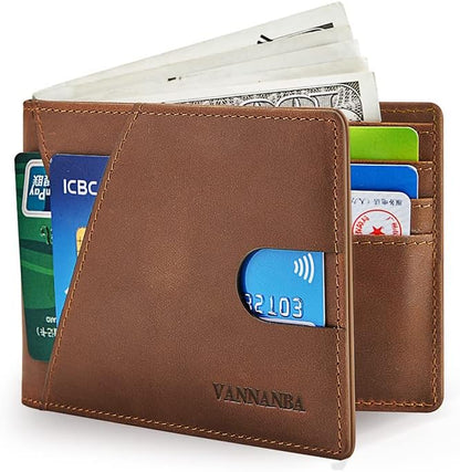 VANNANBA Real Leather Wallets for Men - Minimalist Wallet for Men with ID Window - RFID Blocking Slim Bifold Front Pocket Wallets with Gift Box(Vintage Brown)