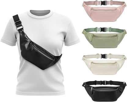 Faux Leather Belt Bag for Women, Crossbody Fanny Pack with Adjustable Strap, Back Zipper Pocket, Large Capacity Waist Pack for Travel, Concerts, Black