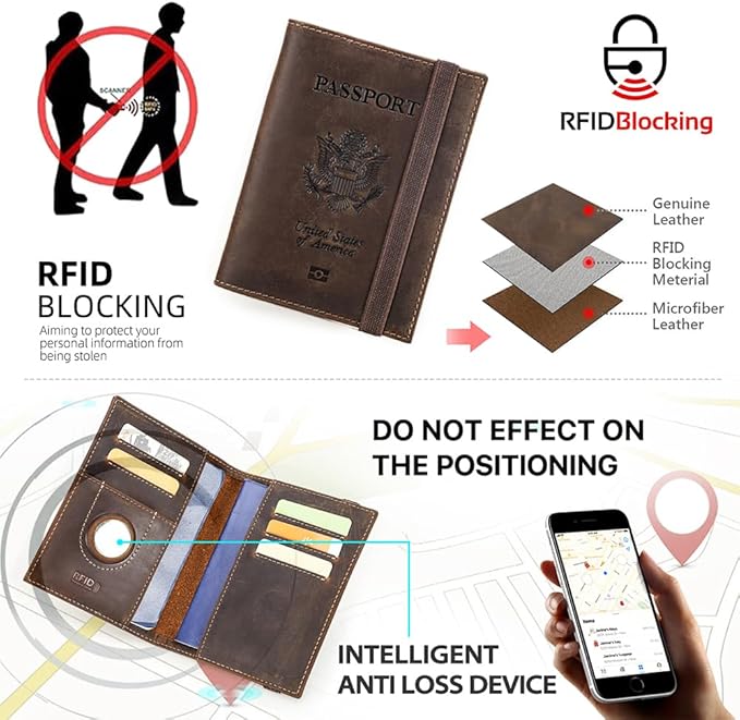 CONTACTS Full Grain Leather Passport Holder for 2 RFID Blocking Travel Passport Wallet Compatible with Airtag Passport Cover Case for 2 Passports, 5 Card Slots with Logo