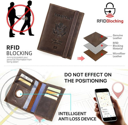 CONTACTS Full Grain Leather Passport Holder for 2 RFID Blocking Travel Passport Wallet Compatible with Airtag Passport Cover Case for 2 Passports, 5 Card Slots with Logo