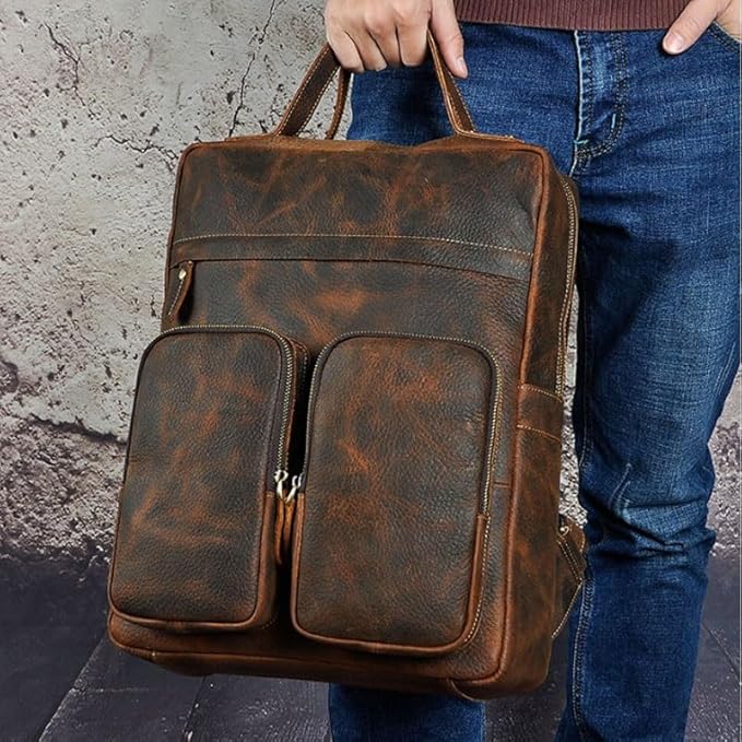 Business Commuting Brown Leather Men's Large Capacity Backpack Computer Bag