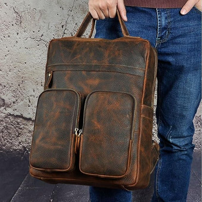 Business Commuting Brown Leather Men's Large Capacity Backpack Computer Bag