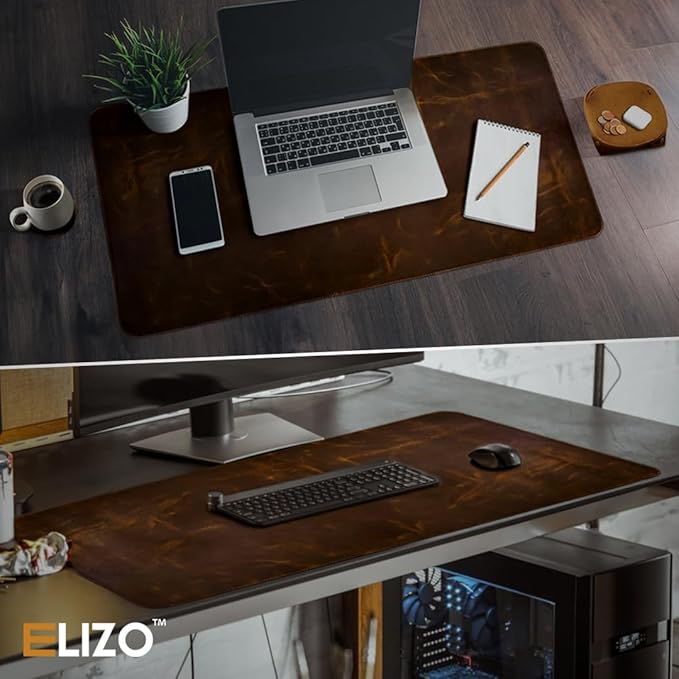 Elizo Real Leather Desk Mat Set (32x16) Large Desk Cover Desk Blotter Protector Computer Gaming Mouse Pad Table Laptop Office Desktop Accessories