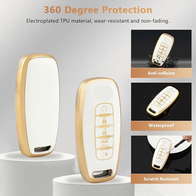 PIFOOG for Rogue Key Fob Cover 5 Buttons 2023 Pathfinder SL Platinum Car Key Case Shell Bling Keychain Lanyard Protector Protection Accessories Women Girly Cute White Gold TPU