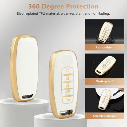 PIFOOG for Rogue Key Fob Cover 5 Buttons 2023 Pathfinder SL Platinum Car Key Case Shell Bling Keychain Lanyard Protector Protection Accessories Women Girly Cute White Gold TPU