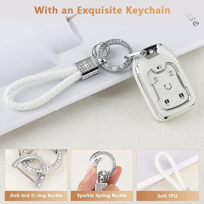 PIFOOG Key Cover for Chevy TPU Soft Car Keys Shell Protector with Glittering Car Keychain Accessories for Suburban Tahoe GMC Yukon Key Fob Girly Women Men White
