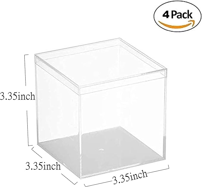Acrylic Box Clear Boxes with Lid 4 Pieces Display Case Graduation Candy Box Plastic Square Cube Wedding Present Valentine's Day Birthday Party Gift Wrap Storage Box