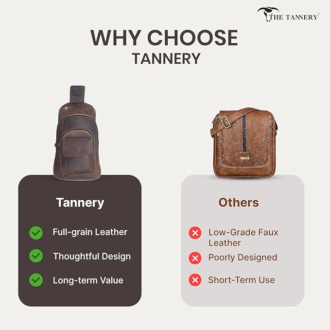 The Tannery Handmade Buffalo Leather Multipurpose Travel Hiking Crossbody Chest Backpack with Adjustable Shoulder Strap, Thanks Giving (Dark Brown, Small)