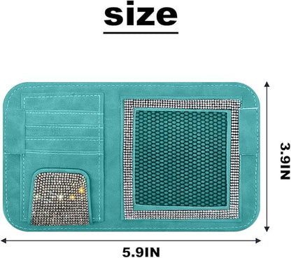 BESULEN Bling Car Sun Visor Organizer, Multi-Pocket Crystal Rhinestone Leather Vehicle Sunvisor Storage Pouch, Sparkling Diamond Auto Sunshade Eyeglasses Card Pen Holder, Universal Fit (Blue)