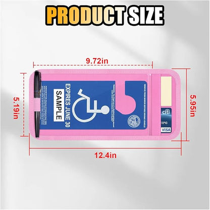 JOYCOURT Handicap Placard Holder for Car, Disabled Parking Permit Sign Protector, Car Interior Sun Visor Storage Clip with Pen Holder, Note Paper Slot, Elastic Strap (Pink)