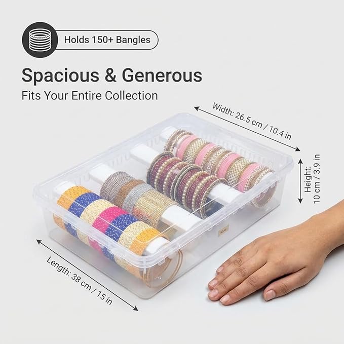 Multipurpose Plastic Storage Box with 4 Adjustable Rods l Storing Box For Bangles, Chuda, Kada, Watches, Scrunchies I (Transparent_Big_4-Rod)