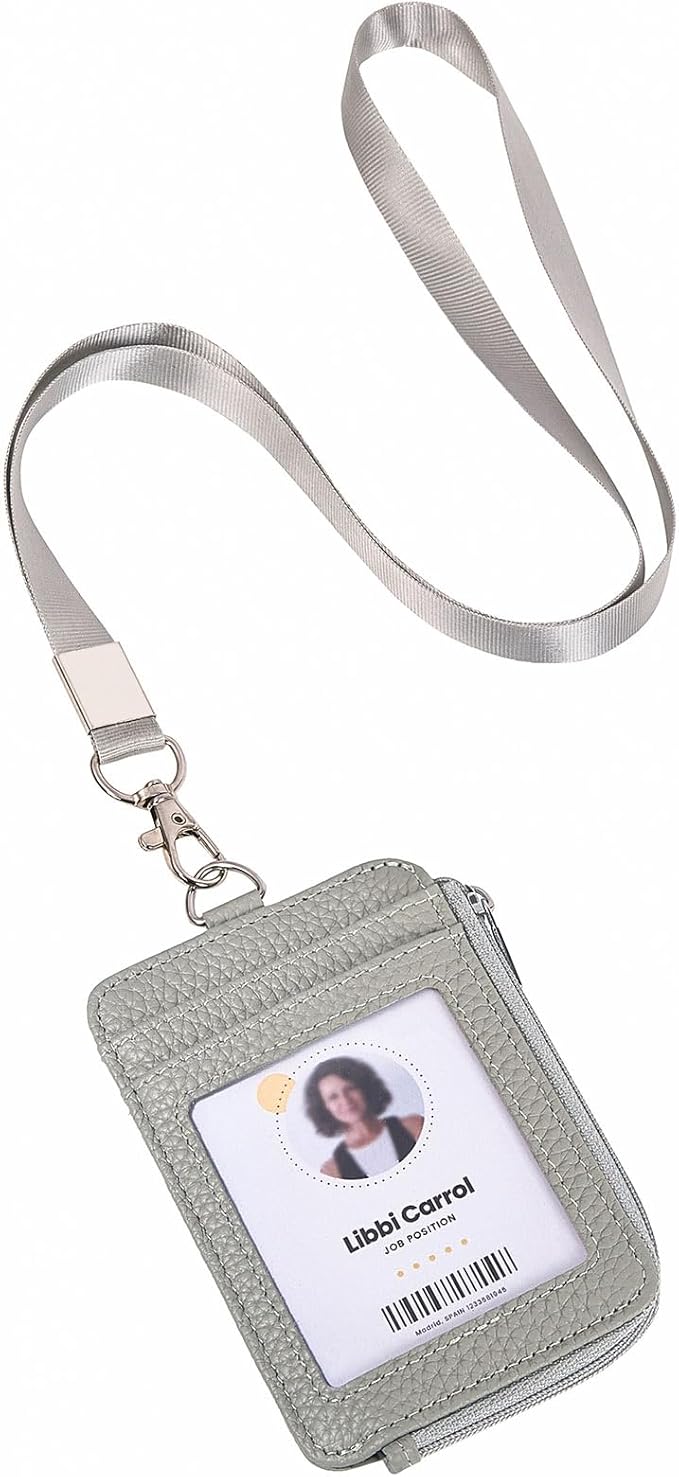 Badge Holder – Genuine Leather ID Badge Holder with Zipper Pocket and Nylon Lanyard – Perfect for Badges, Cards, and More