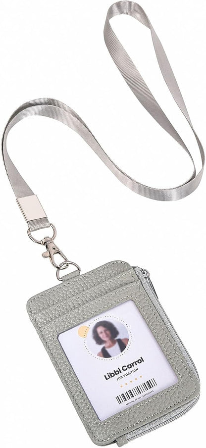 Badge Holder – Genuine Leather ID Badge Holder with Zipper Pocket and Nylon Lanyard – Perfect for Badges, Cards, and More