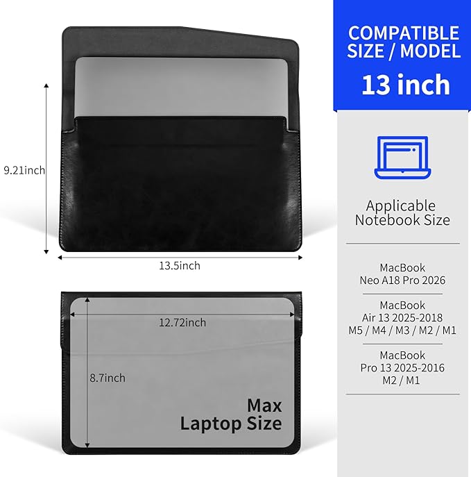 13 Inch Leather Laptop Sleeve Compatible with MacBook Neo 13" 2026 & MacBook Air/Pro 13" (M5/M4/M3/M2/M1, 2025-2018), Magnetic Buckle Closure Protective Case Cover,Black