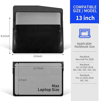 13 Inch Leather Laptop Sleeve Compatible with MacBook Neo 13" 2026 & MacBook Air/Pro 13" (M5/M4/M3/M2/M1, 2025-2018), Magnetic Buckle Closure Protective Case Cover,Black