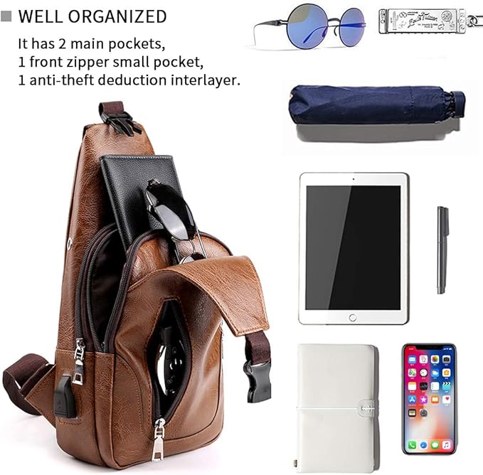 Seoky Rop Men Sling Bag Anti Theft Shoulder Bag Small Leather Crossbody Sling Backpack with USB Charge Port Black