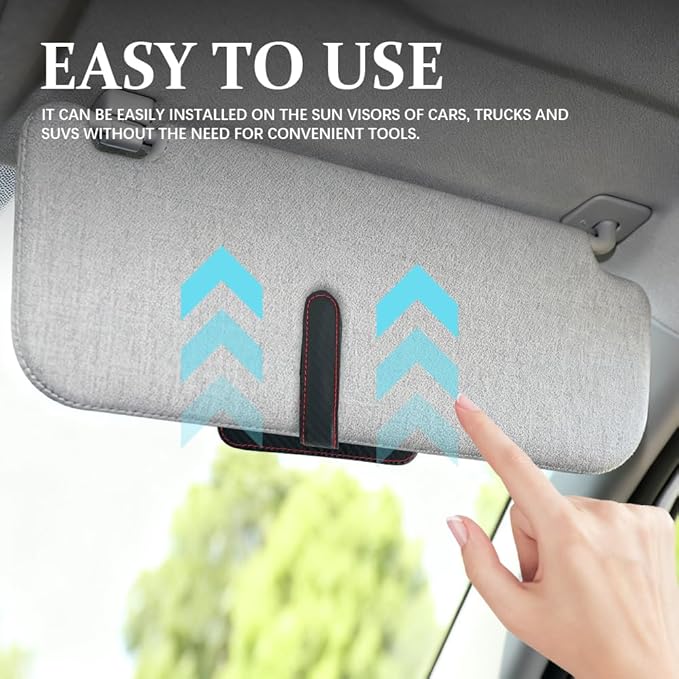 Small Leather Sun Visor Organizer, Visor Accessories, Multi-Pocket Sunvisor Storage with Sunglass Holder, Car Organizer for Drving License Card Pen Fits Most Vehicles (Carbon Fiber/Red Wire)