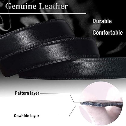 JINIU Men's Ratchet Belt Buckle, Black Genuine Leather Slide Belt for Men Dress Suit, Micro Adjustable Trim to Fit Boxed