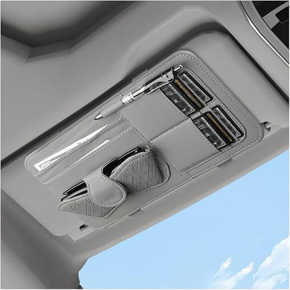 Car Sun Visor Organizer, Leather Multi Pocket Vehicle Visor Storage Pouch for Sunglasses Card License, Multifunctional Auto Interior Organization Accessories, Universal Fit (Gray)