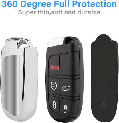 XIYANG TRADE for Jeep Key Fob Cover with Keychain,Soft TPU Key Case Shell Full Protection for Grand Cherokee Renegade Chrysler 200 300 Dodge RAM Durango Challenger Journey Dart Compass Charger(Silver)