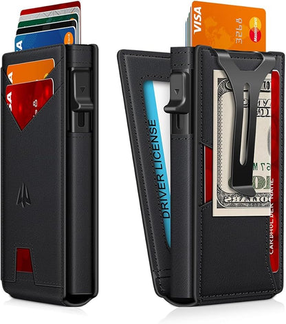 Wallet for Men, Slim Minimalist Wallet with Money Clip＆ID Window, RFID Blocking Pop-Up Credit Card Holder, Smart Auminum Mens Wallet Holds 9-13 Cards (Gift Box) (Black)