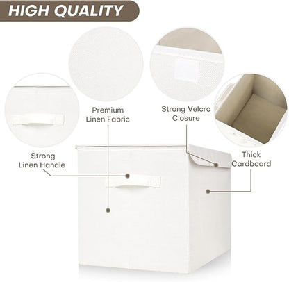 Bagnizer Large 22 Quart Linen Fabric Foldable Storage Bin Cube Organizer Basket with Flip-Top Lid & Handles, Clothes Blanket Box for Home, Office, Closet, White, 4 Pack 14.6 x 9.5 x 9.5”