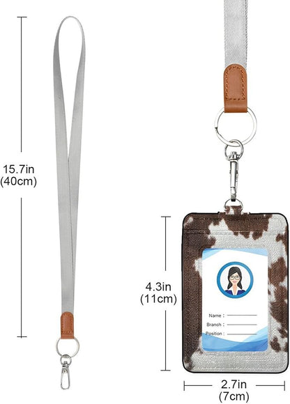 Badge Holder, Western Cow Skin Texture PU Leather School College Business ID Badge Card Holder Wallet Case with 1 Clear Window, 2 Credit Card Slots and Detachable Neck Lanyard - Vertical