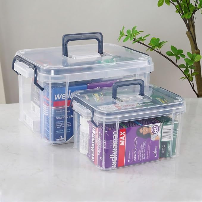 HEY FOLY 15qt Medicine Organizer Storage Box with Tray, Set of 2 Plastic First Aid Box Empty, Thickened Medicine Container Chest, Multipurpose Medical Case with Labels, Blue Medicine Caddy