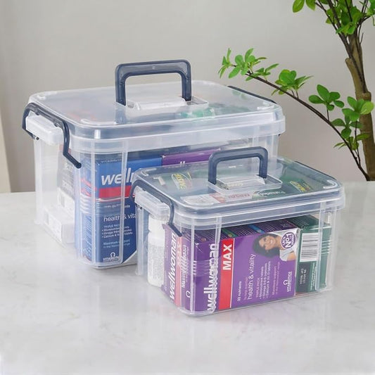 HEY FOLY 15qt Medicine Organizer Storage Box with Tray, Set of 2 Plastic First Aid Box Empty, Thickened Medicine Container Chest, Multipurpose Medical Case with Labels, Blue Medicine Caddy