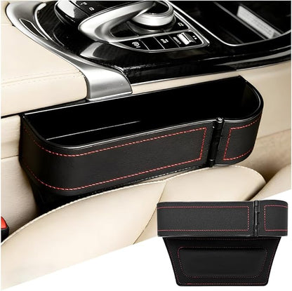 Car Seat Gap Filler Organizer with Cup Holder Expander, Leather Console Seam Filler Storage Box, Auto Front Seat Gap Organizer for Phones Keys Glasses, Universal Fit (Black/Red Passenger)
