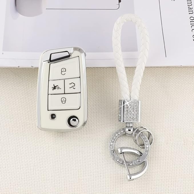PIFOOG for Volkswagen VW Key Fob Cover Tiguan Golf GTI Altas Jetta Accessories 4 Button Soft TPU Car Keys Case Protector Bling Keychain Landyard Girly White Silver