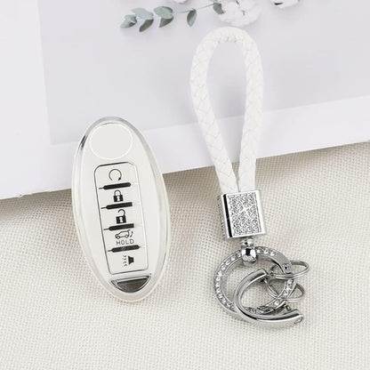 PIFOOG Car Key Cover for Nissan 5 Buttons Keys Fob Case TPU Bling Keychain for Nissan Altima Sentra Rogue Pathfinder Murano Armada Maxima Versa Girly Women White Silver