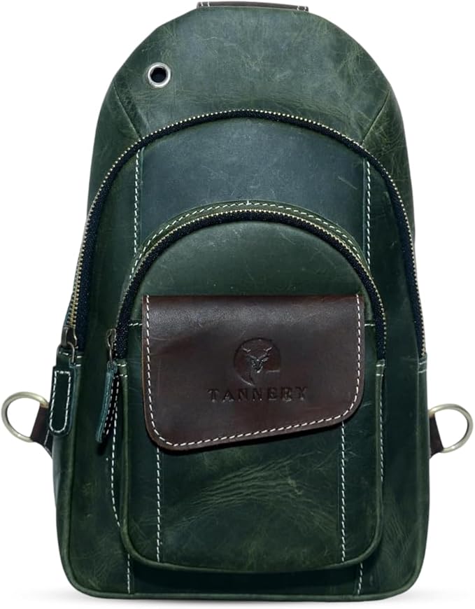 The Tannery Handmade Buffalo Leather Multipurpose Travel Hiking Crossbody Chest Backpack with Adjustable Shoulder Strap (Green, Small)