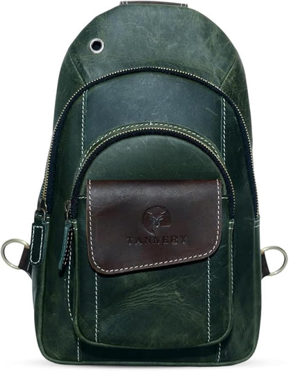 The Tannery Handmade Buffalo Leather Multipurpose Travel Hiking Crossbody Chest Backpack with Adjustable Shoulder Strap (Green, Small)