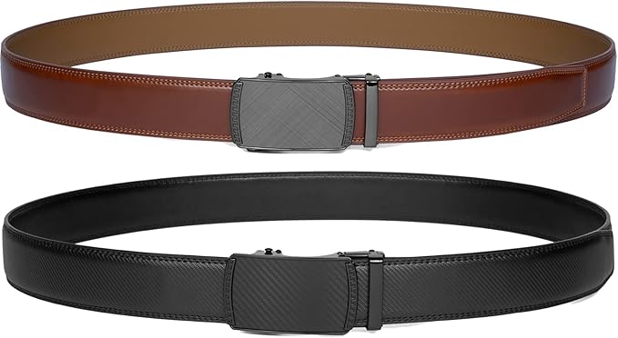 Founders & C Mens Belt 2 Pack,Leather Ratchet Click Belt Dress with Slide Buckle 1 3/8" in Gift Set Box- Size Adjustable