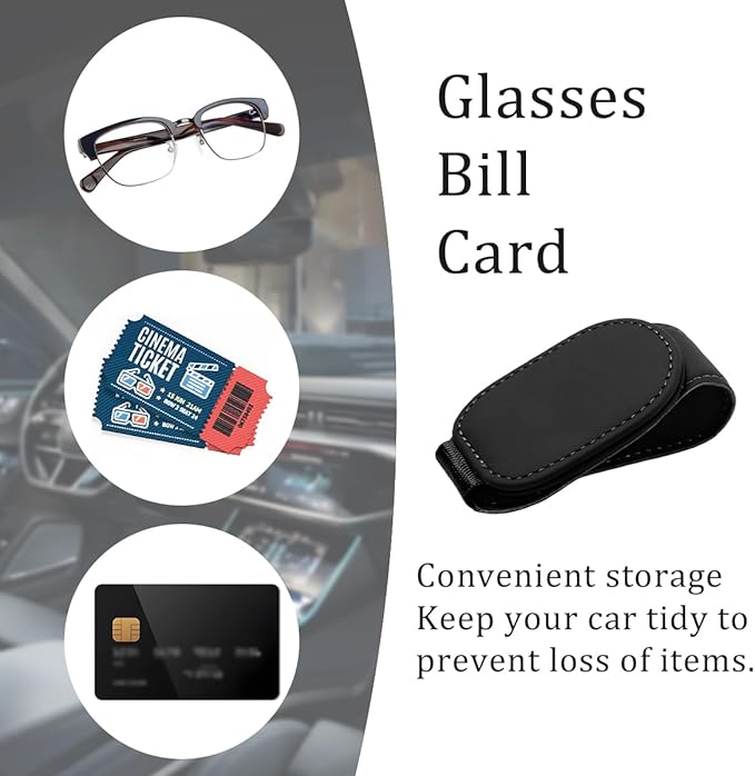 Car Sunglass Holder, Magnetic Leather Vehicle Sun Visor Eyeglass Hanger Clip, Automotive Interior Sunglass Ticket Card Organizer Mount Accessories, Universal for Most Cars (Black)