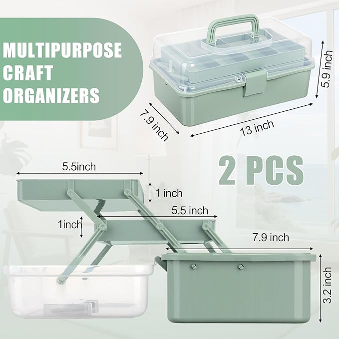 Teecyhooo 2 Pcs 13 Inch 3-layer Multipurpose Craft Organizers Storage Portable Plastic Tackle Box with Adjustable Spacers and Handled Folding Art Craft Case for Sewing Art Supply Medicine(Green)