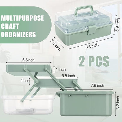 Teecyhooo 2 Pcs 13 Inch 3-layer Multipurpose Craft Organizers Storage Portable Plastic Tackle Box with Adjustable Spacers and Handled Folding Art Craft Case for Sewing Art Supply Medicine(Green)