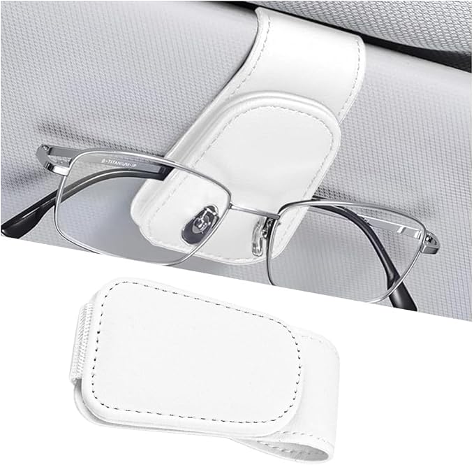 Sunglasses Holder for Car Visor, Microfiber Leather Magnetic Sun Visor Eyeglasses Hanger & Ticket Card Clip, Multi-Function Automotive Interior Glasses Mount, Universal Fit (White)