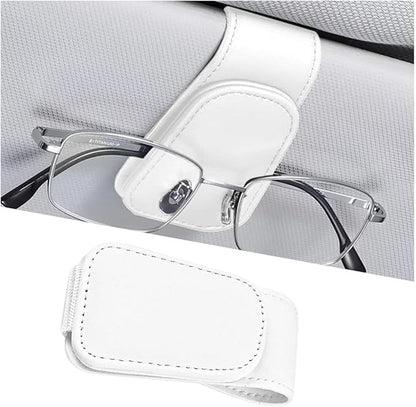 Sunglasses Holder for Car Visor, Microfiber Leather Magnetic Sun Visor Eyeglasses Hanger & Ticket Card Clip, Multi-Function Automotive Interior Glasses Mount, Universal Fit (White)