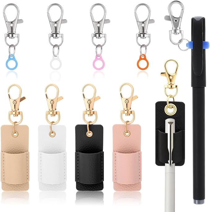 8 PCS Portable Pen Holder Set, 4 Leather Lanyard Pen Holders and 4 Retractable Silicone Pen Clips for Badge Reels, Notebooks and Lanyards - Ideal for Nurses, Teachers and Office