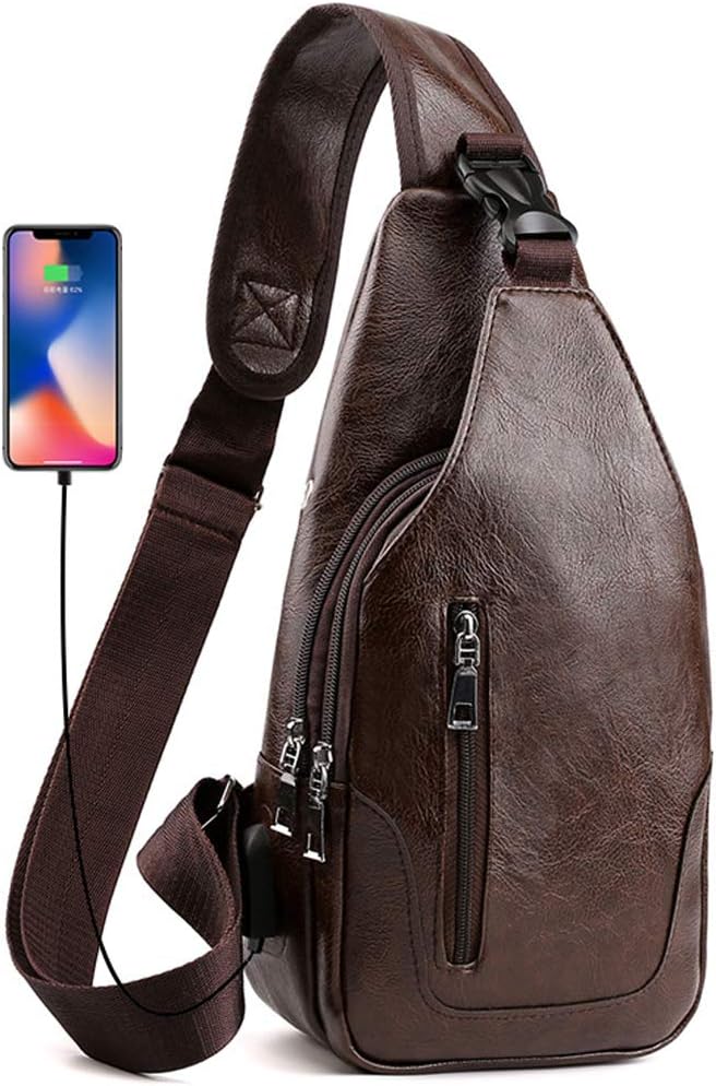 Seoky Rop Men Sling Bag Anti Theft Shoulder Bag Small Leather Crossbody Sling Backpack with USB Charge Port Dark Brown