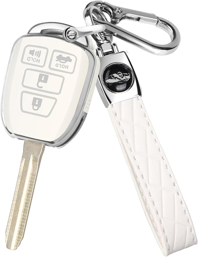 MILD EAST for Toyota Key Fob Cover with Metal Key Chain, Silver Edge Soft TPU Key Fob Shell Case for 2012-2019 Camry Corolla Tacoma, White
