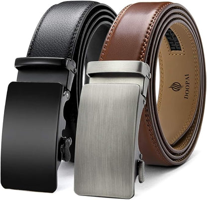 DOOPAI Men's 2 Pack Ratchet Dress Belt - Adjustable 1 3/8" Genuine Leather, Size Length Can Be Cut, With Gift Box