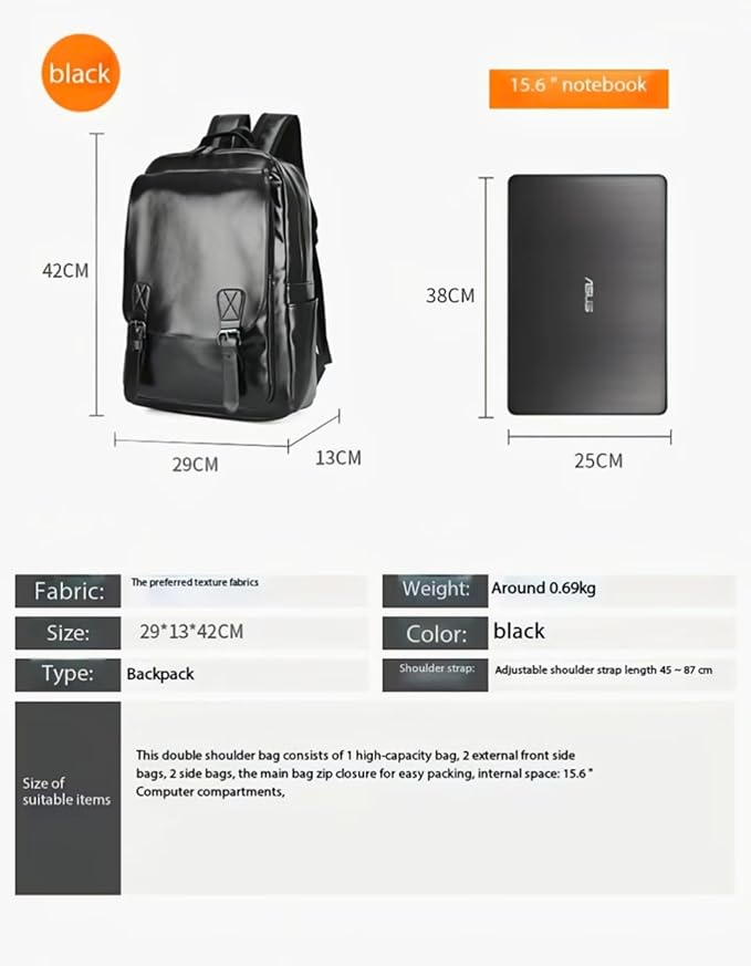 Unisex PU leather laptop bag work business bag hiking backpack leisure day bag university schoolbag (Large,Black 5)