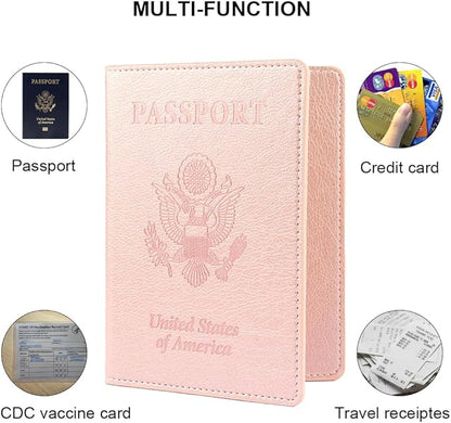 Passport Holder, Passport Cover, Passport Holder for Women, 2 Pack Travel Passport Wallet, Leather Passport Case, Passport Protector International Travel Must Haves, Dark Blue+Rose Gold
